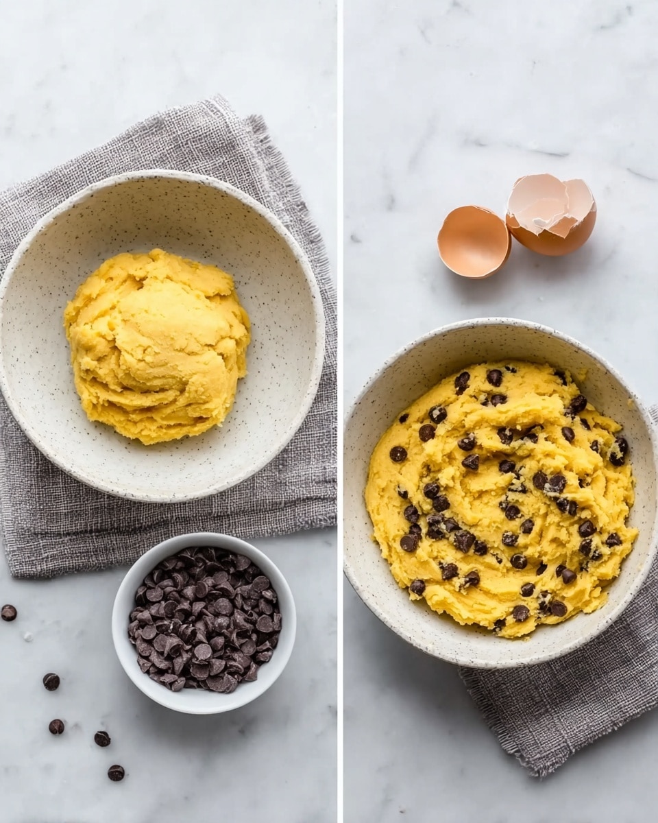 The image shows two white bowls on a white marbled surface with a gray cloth partially under each bowl. The left bowl contains smooth, yellow cookie dough with a soft texture, centered in the bowl. Nearby, there is a small white bowl filled with dark brown chocolate chips and two broken eggshells. The right bowl shows the same yellow cookie dough now mixed with dark chocolate chips spread evenly throughout. Photo taken with an iphone --ar 4:5 --v 7