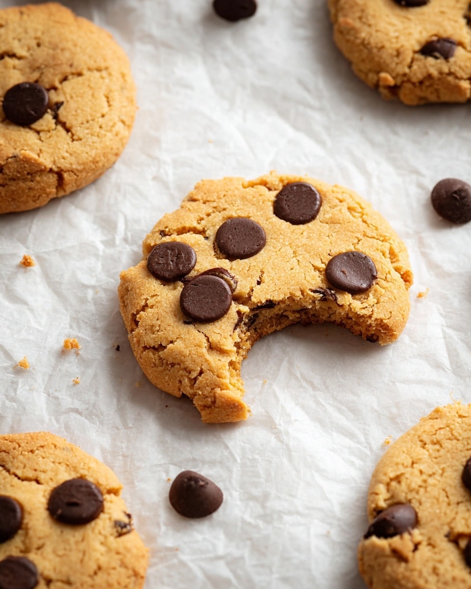 The image shows several light golden brown cookies with a soft, slightly crumbly texture, each dotted with a few large, dark chocolate chips on top. One cookie in the center has a bite taken out, revealing its tender inside. The cookies and a few loose chocolate chips rest on lightly crumpled white parchment paper, all placed on a white marbled surface. The lighting is soft and natural, highlighting the warm tones and textures of the cookies. photo taken with an iphone --ar 4:5 --v 7