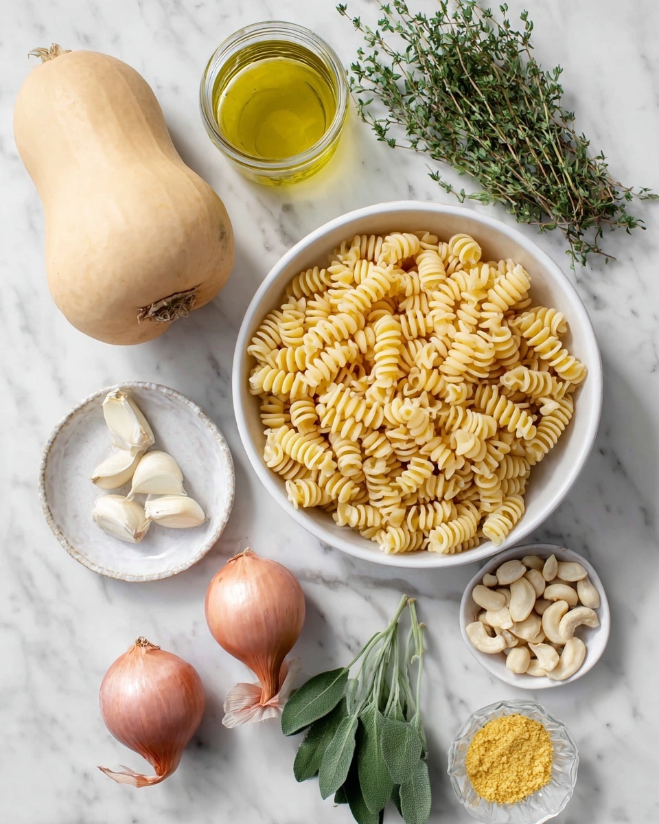 The image shows cooking ingredients on a white marbled surface. In the top right, there is a white bowl filled with pale yellow spiral pasta. To the left of the bowl, there is a small clear jar with yellow oil inside. Below the jar, there is a beige butternut squash. In the center bottom, there are two shallots with a pinkish-brown skin side by side. To their left, there are three garlic cloves with a light beige skin. On the bottom right, there is a small white plate with yellow powder on it. Next to that, there is a clear bowl with white cashew nuts. At the bottom right corner, there are fresh green sage leaves, and to their left, some green thyme sprigs. Photo taken with an iphone --ar 4:5 --v 7