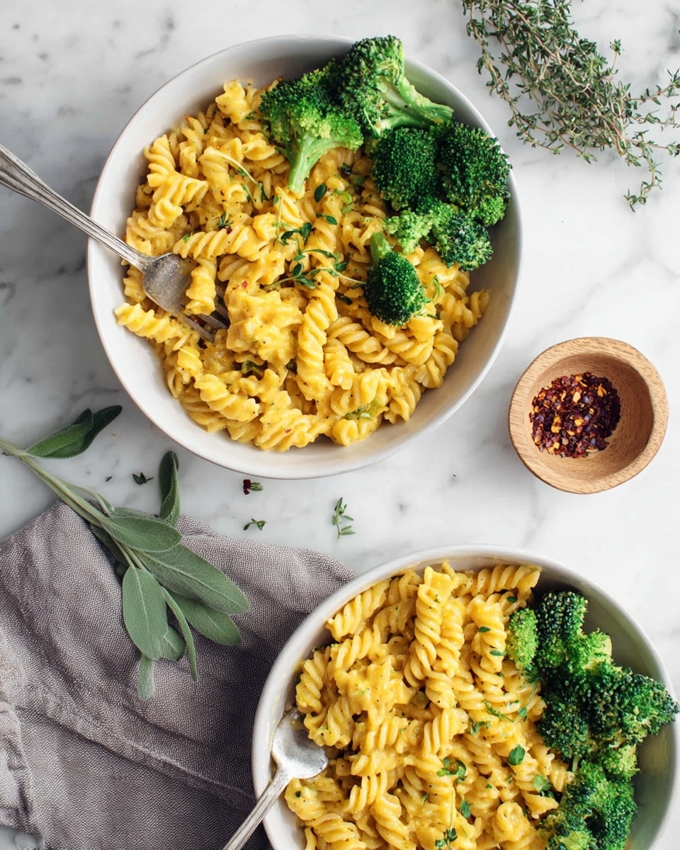 Two white bowls are filled with yellow cheesy rotini pasta, each bowl topped with bright green broccoli florets arranged mostly on one side. In the bottom bowl, a silver fork rests inside, partially lifting some pasta. Small green herb leaves are sprinkled on top of the pasta, adding fresh green spots. Nearby, a small round wooden bowl holds red chili flakes. The bowls are on a white marbled surface with scattered sage and thyme leaves, and a gray cloth napkin is placed under the bottom bowl. The overall look is fresh and colorful. photo taken with an iphone --ar 4:5 --v 7