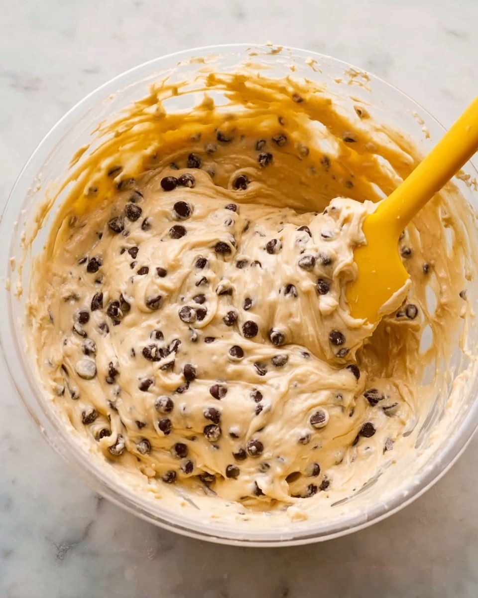 A clear bowl filled with a thick, creamy beige batter mixed with many small dark chocolate chips spread evenly throughout. The batter has a smooth, slightly shiny texture, and a bright yellow spatula is partially immersed in the mixture on the right side. The bowl is placed on a white marbled surface, showing some streaks of batter around the edges, indicating gentle mixing. photo taken with an iphone --ar 4:5 --v 7