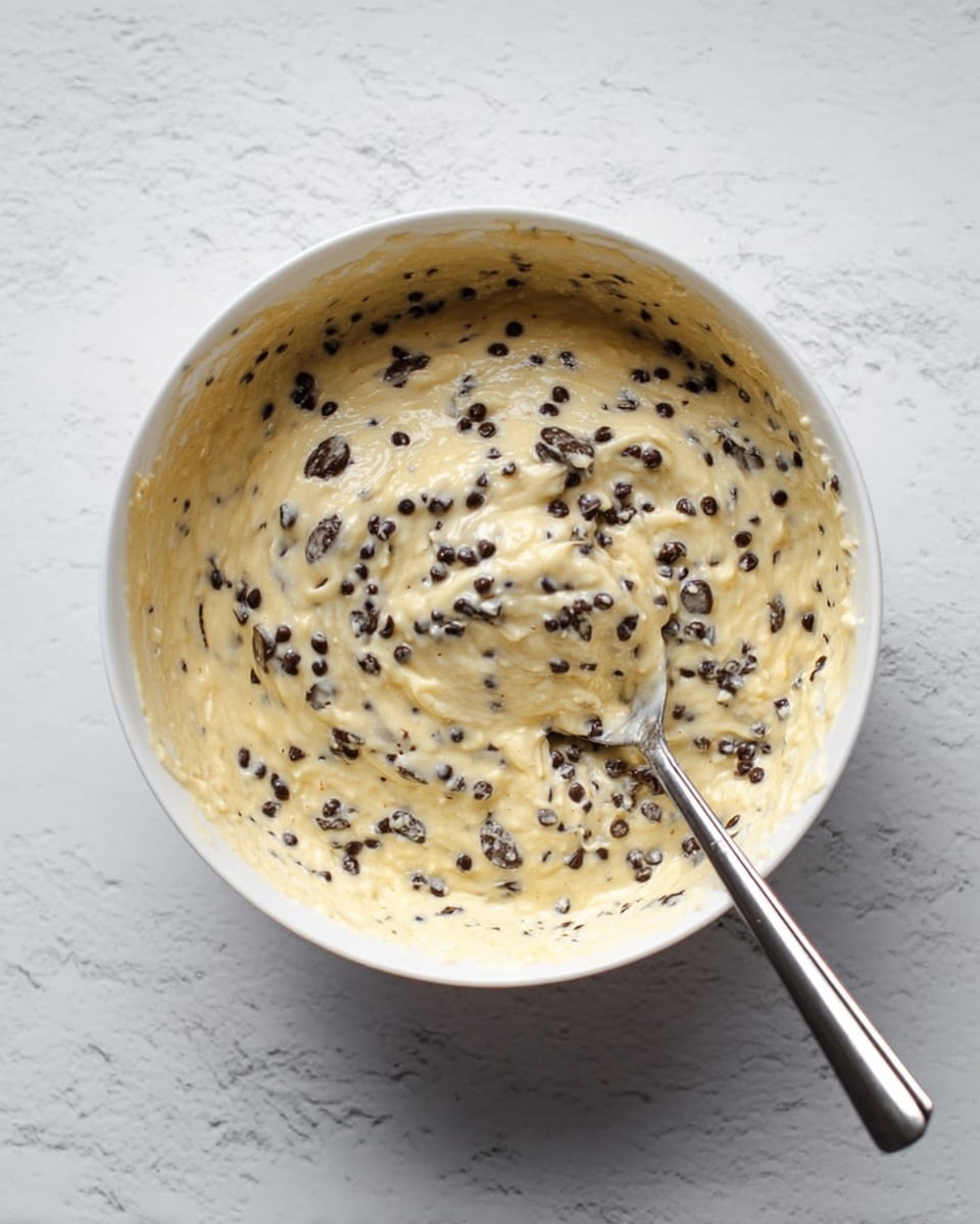 A white bowl filled with thick, creamy batter that is pale yellow in color, mixed evenly with many small, dark chocolate chips spread throughout. A silver spoon is partially submerged on the right side of the bowl, with batter coating the spoon. The background is a white marbled surface. photo taken with an iphone --ar 4:5 --v 7