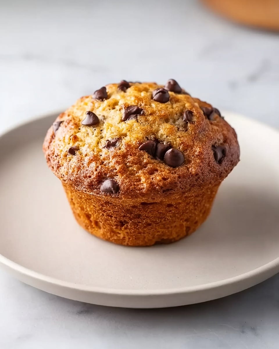A single golden-brown muffin sits in the middle of a smooth white plate, topped with many dark chocolate chips that add a rich contrast to its textured, slightly rough surface. The muffin is rounded with a slightly uneven, crispy top showing hints of a soft, moist inside. The plate is placed on a white marbled surface, creating a clean and bright background. The overall look is simple and cozy, with warm tones from the muffin and cool light gray tones from the plate. photo taken with an iphone --ar 4:5 --v 7