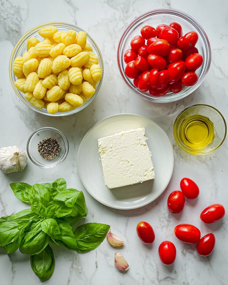 The image shows raw ingredients arranged on a white marbled surface, ready for cooking. There are three main bowls: one clear glass bowl filled with yellow gnocchi with a ridged texture on the top left, another clear glass bowl on the top right filled with smooth, bright red grape tomatoes, and a white plate in the middle with a block of white feta cheese showing a crumbly texture. Scattered around are fresh green basil leaves, a few cloves of garlic with their thin skins partially peeled, and a small glass container of golden olive oil. There is also a small glass bowl with black pepper and salt placed near the basil. A couple of grape tomatoes are resting directly on the surface near the other ingredients. photo taken with an iphone --ar 4:5 --v 7