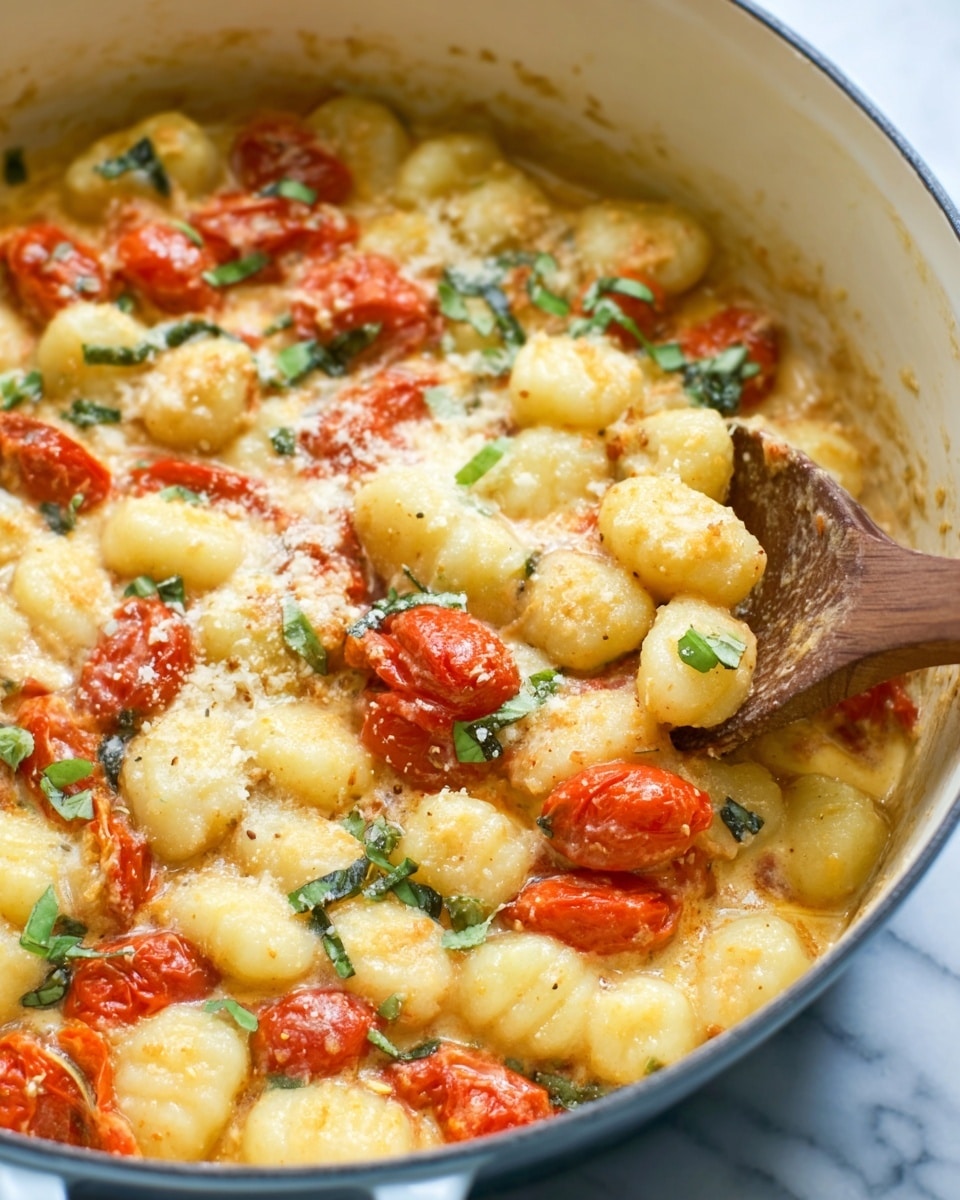 The image shows a close-up of a creamy gnocchi dish inside a large white pot, filled with small, round, soft gnocchi pieces in a light yellow color. Mixed throughout are bright red roasted cherry tomatoes and scattered pieces of warm, melted cheese with a slightly crumbly texture. Small green basil leaves are sprinkled on top as garnish, adding fresh green highlights. A wooden spoon is partially submerged on the right side, lifting some of the gnocchi and sauce. The pot is set on a white marbled surface. photo taken with an iphone --ar 4:5 --v 7