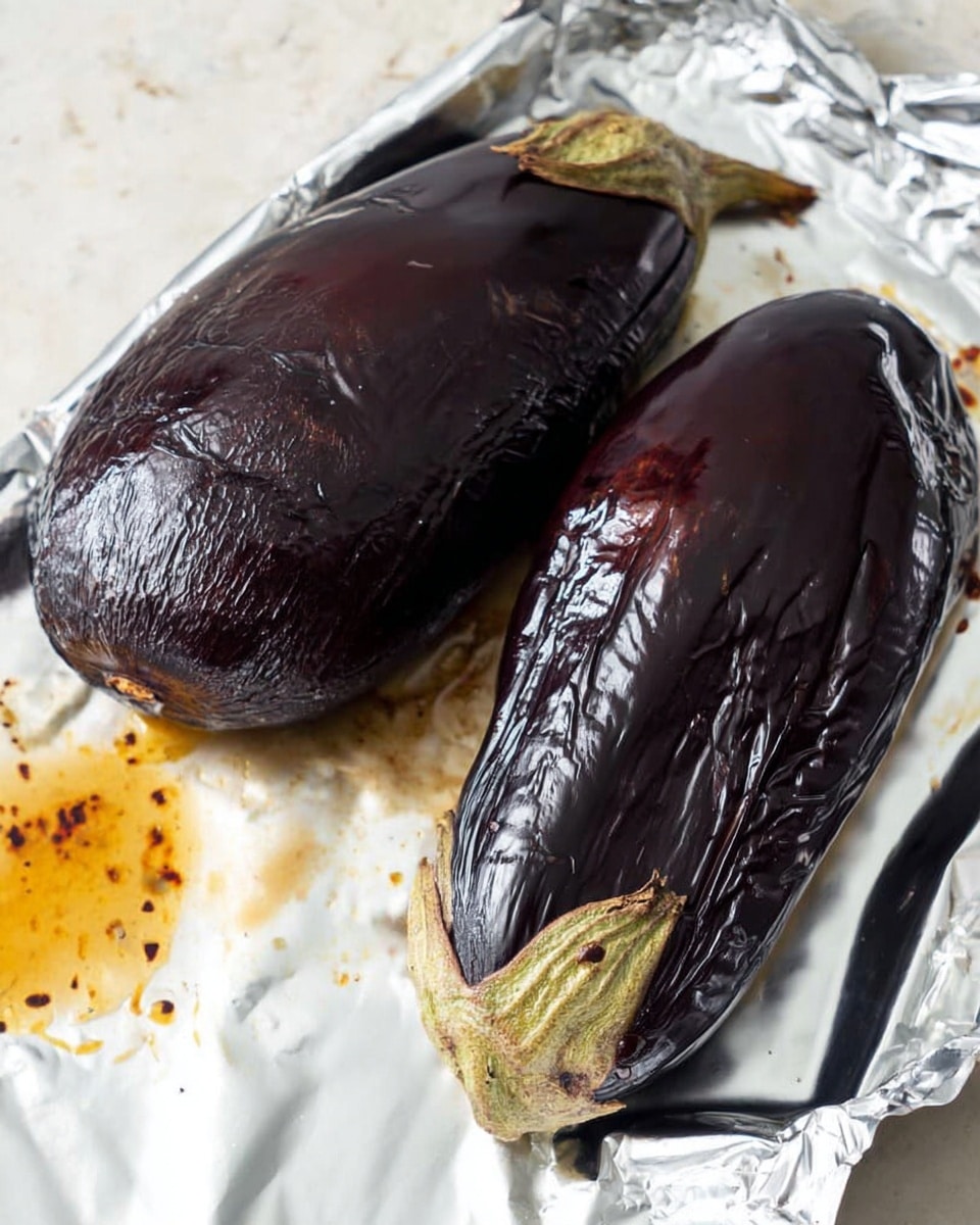 Two roasted eggplants with dark purple, wrinkled skin sit on a sheet of silver foil. The eggplants have a shiny, slightly oily texture and some brown char marks near the pale green stems, showing they are cooked. There is a small pool of oil or liquid around the bottom right side of the eggplants. The background is a white marbled texture. Photo taken with an iphone --ar 4:5 --v 7