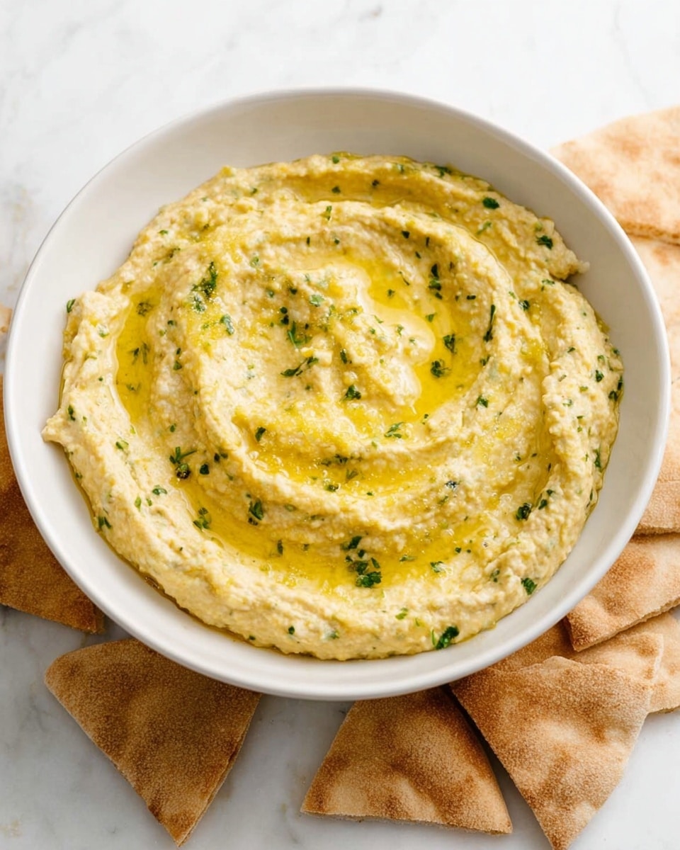A white bowl filled with creamy hummus that has a smooth but slightly chunky texture, dotted with small pieces of green herbs mixed throughout. The hummus is swirled on top with a drizzle of golden olive oil that pools in the low spots, giving it a shiny look. The bowl sits on a white marbled surface, with several light brown pita bread pieces arranged casually around the bowl’s edge. photo taken with an iphone --ar 4:5 --v 7