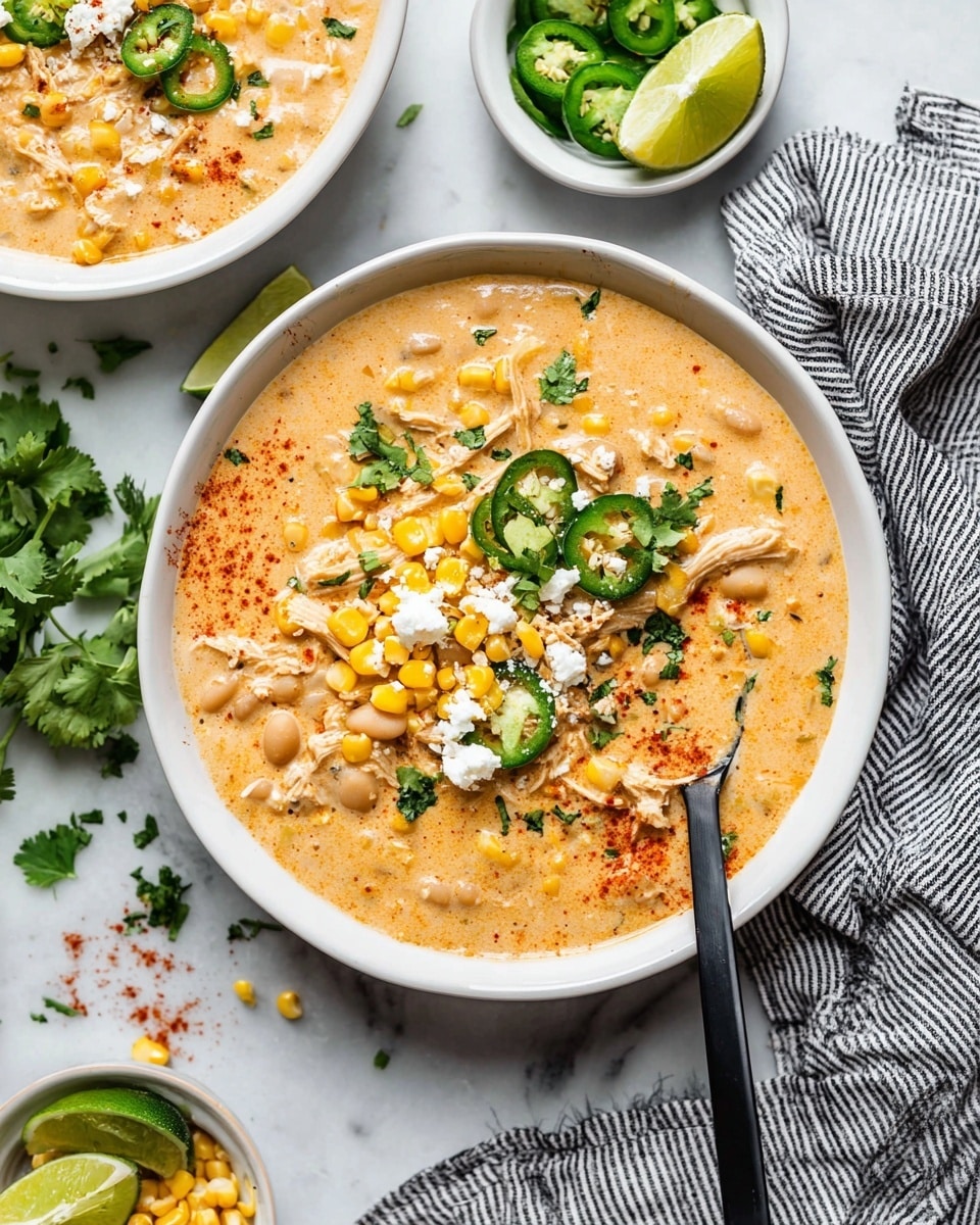 A white bowl filled with a creamy, light orange soup that has a thick texture with visible chunks of white beans and small pieces of shredded chicken, mixed throughout. The soup surface is topped with bright yellow roasted corn kernels, thin green slices of jalapeno, small white crumbles of cheese, a sprinkle of red seasoning powder, and fresh green cilantro leaves. A black spoon rests inside the bowl, partially buried in the soup with its handle leaning out. The bowl sits on a white marbled background with a black and white striped cloth napkin nearby and small bowls containing corn, lime wedges, sliced jalapeno, and chopped cilantro scattered around. Photo taken with an iphone --ar 4:5 --v 7