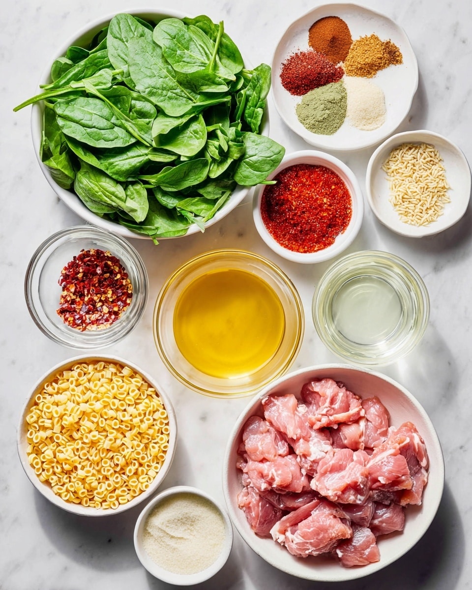 The image shows several white bowls filled with different ingredients arranged neatly on a white marbled surface. Starting from the top left, there is a large bowl full of fresh green spinach leaves. To the right of it, a small white bowl contains four sections of ground spices in red, brown, light yellow, and greenish tones. Below that is another small white bowl holding a bright red paste. Next to it is a clear glass bowl with a golden yellow liquid. Below the spices and paste, there is a small white bowl containing red dried chili flakes. To the left of that bowl is a medium-sized white bowl filled with small yellow pasta pieces. Towards the bottom right, a large white bowl contains raw cut pieces of pink meat. Below this large bowl is a small white bowl with a pale grated ingredient. A clear small container with a white liquid is near the pasta bowl. All the bowls rest on a white marbled surface, creating a clean and fresh look. photo taken with an iphone --ar 4:5 --v 7