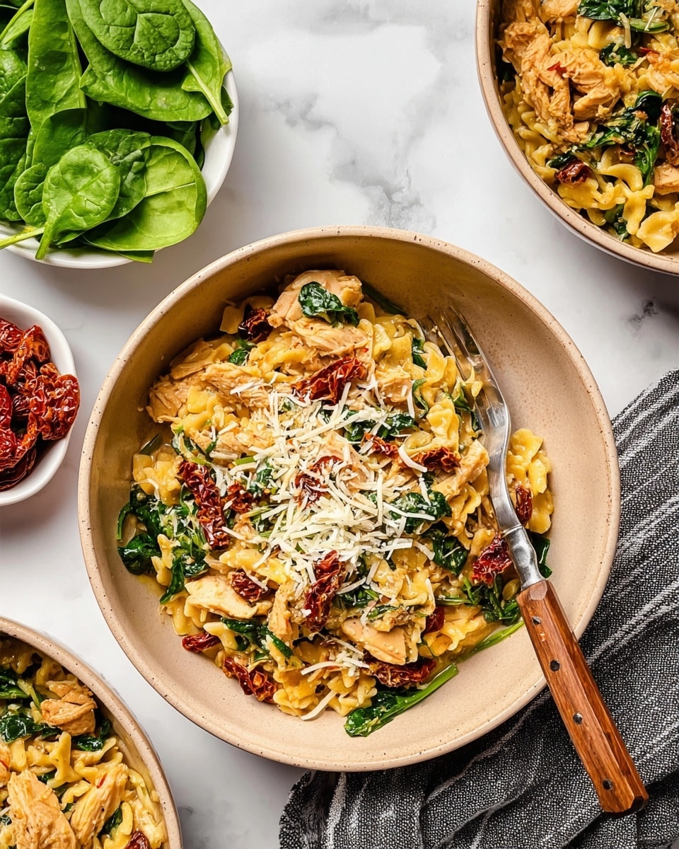 A beige bowl holds a mix of three layers: the bottom layer is small, yellow pasta pieces; scattered on top are pieces of cooked light-brown chicken; the final layer includes bright green spinach leaves and small bits of dark red sun-dried tomatoes, all topped with grated white cheese. A fork with a wooden handle is placed inside the bowl resting on the left side. Beside the bowl are fresh green spinach leaves, a small white bowl filled with sun-dried tomatoes near the top, and parts of another beige bowl with the same dish on a white marbled surface. A striped gray cloth is partially visible under the bowl. Photo taken with an iphone --ar 4:5 --v 7