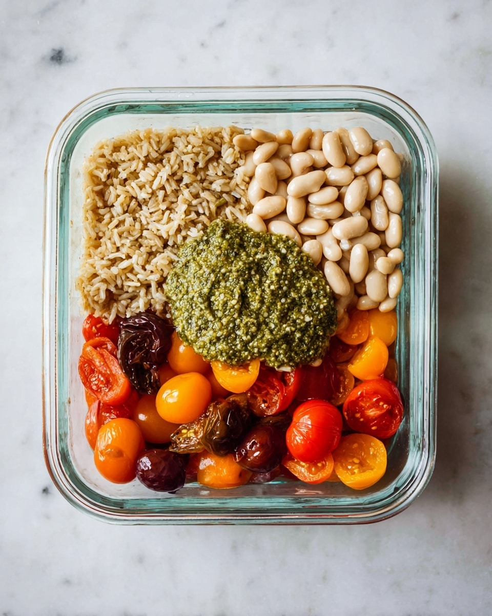 A clear glass square dish holds four distinct layers arranged side by side: the top left section has light brown cooked rice with visible grains, the top right features pale beige white beans, the bottom half is filled with halved cherry tomatoes showing bright red, orange, and dark purple colors with shiny skins, and in the center near the top sits a dollop of green pesto sauce with a textured, coarse surface. The dish is placed on a white marbled surface. Photo taken with an iphone --ar 4:5 --v 7