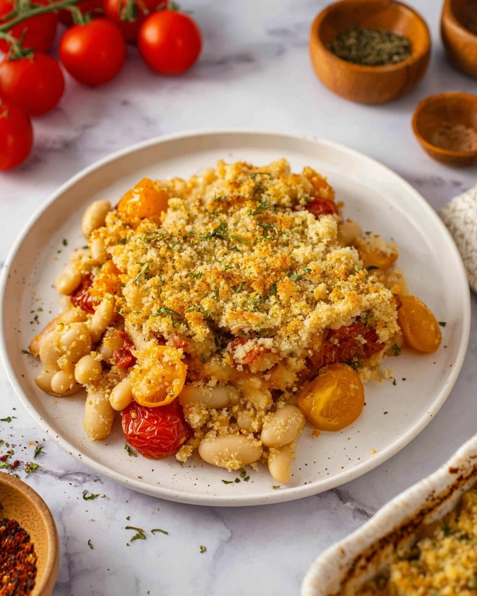 A white plate filled with a mixed dish showing three main layers: the bottom layer has beige white beans that are plump and soft, the middle layer has small golden yellow and red roasted tomatoes scattered evenly, and the top layer is a golden brown crumbly topping with bits of green herbs sprinkled around. The dish looks warm and textured, with the crumbly top giving it a crunchy look. The plate sits on a white marbled surface with some whole tomatoes and wooden bowls containing spices placed nearby. Photo taken with an iphone --ar 4:5 --v 7