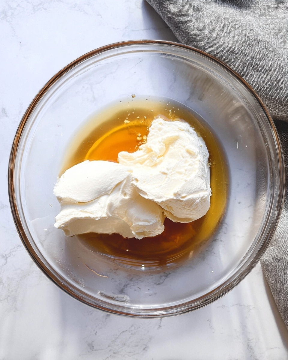 A clear glass bowl sits on a white marbled surface, containing two creamy, off-white dollops of thick texture, possibly cream cheese or sour cream. Beneath and around these dollops is a shallow pool of golden brown liquid, likely syrup or honey. The lighting highlights the smooth and slightly fluffy surfaces of the creamy layers, and a folded grey cloth is partially visible in the upper right background. Photo taken with an iphone --ar 4:5 --v 7