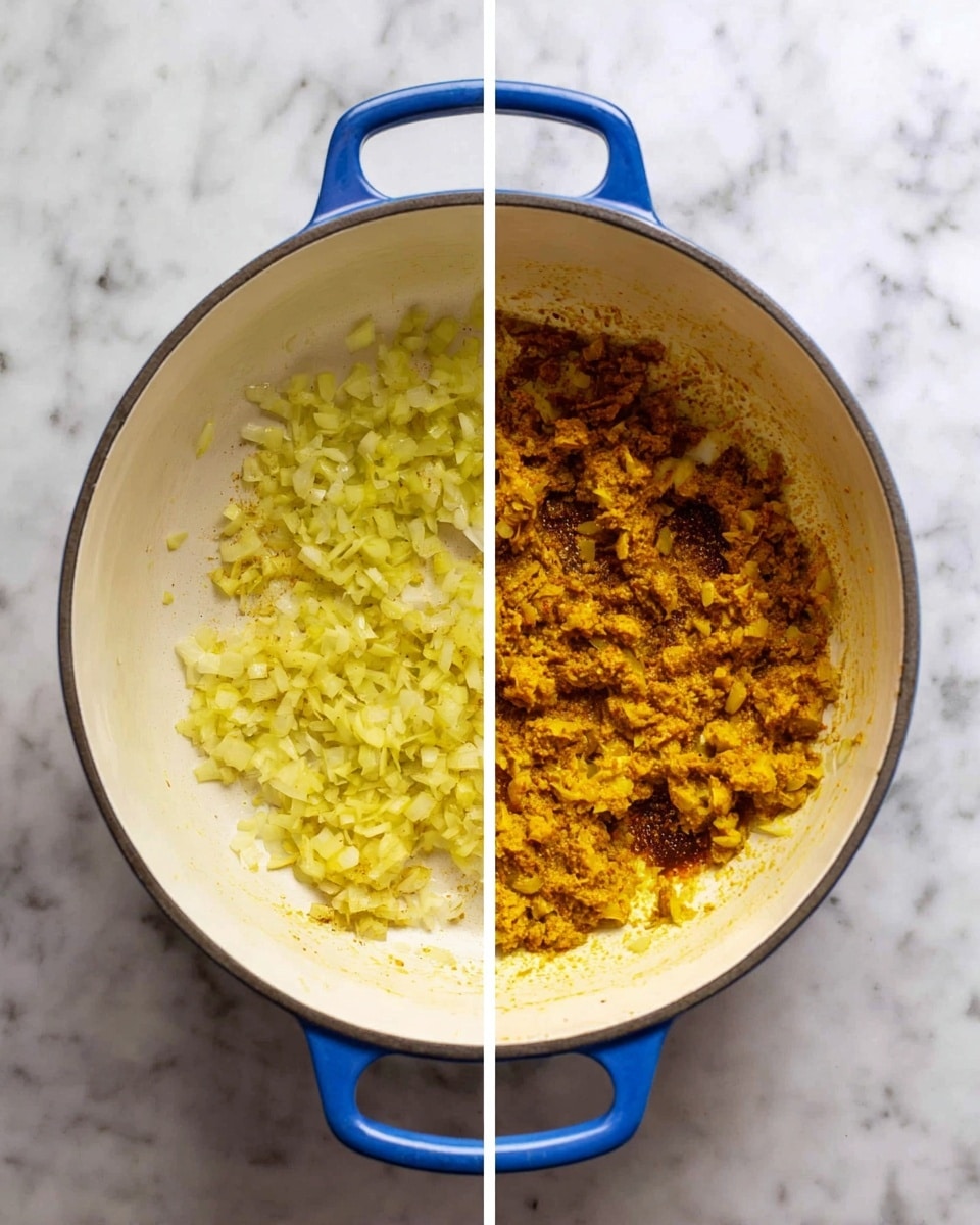 The image shows two top-down views of a white pot with blue handles placed on a white marbled surface. The left side shows one layer of finely chopped light yellow onions scattered lightly around the bottom of the pot, with a soft texture. The right side shows the second stage with the onions mixed and cooked with a thick layer of yellow to brown curry paste, spread unevenly across the pot's bottom and clumped in small chunks with some darker brown areas, creating a rich textured surface. Photo taken with an iphone --ar 4:5 --v 7
