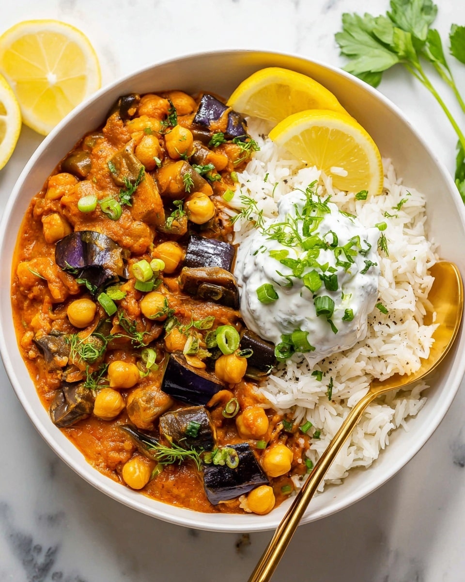 A white bowl with two main layers: on the left side, a thick orange sauce with chunks of dark purple eggplant and round yellow chickpeas, mixed in. On the right side, white fluffy rice with a small spoonful of white yogurt topped with light green chopped scallions and fresh parsley leaves in the center. There are two bright yellow lemon wedges placed on top of the rice. The bowl is set on a white marbled surface with a gold spoon resting inside the bowl on the right side. Photo taken with an iphone --ar 4:5 --v 7