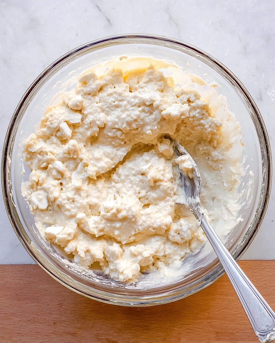 A clear glass bowl filled with a thick, lumpy batter that is pale cream in color and has small chunks mixed throughout. A silver spoon is partially dipped into the batter on the right side of the bowl, with some batter clinging to it. The bowl is placed on a smooth white marbled surface. The texture of the batter looks creamy with visible small pieces giving it a slightly uneven surface. photo taken with an iphone --ar 4:5 --v 7