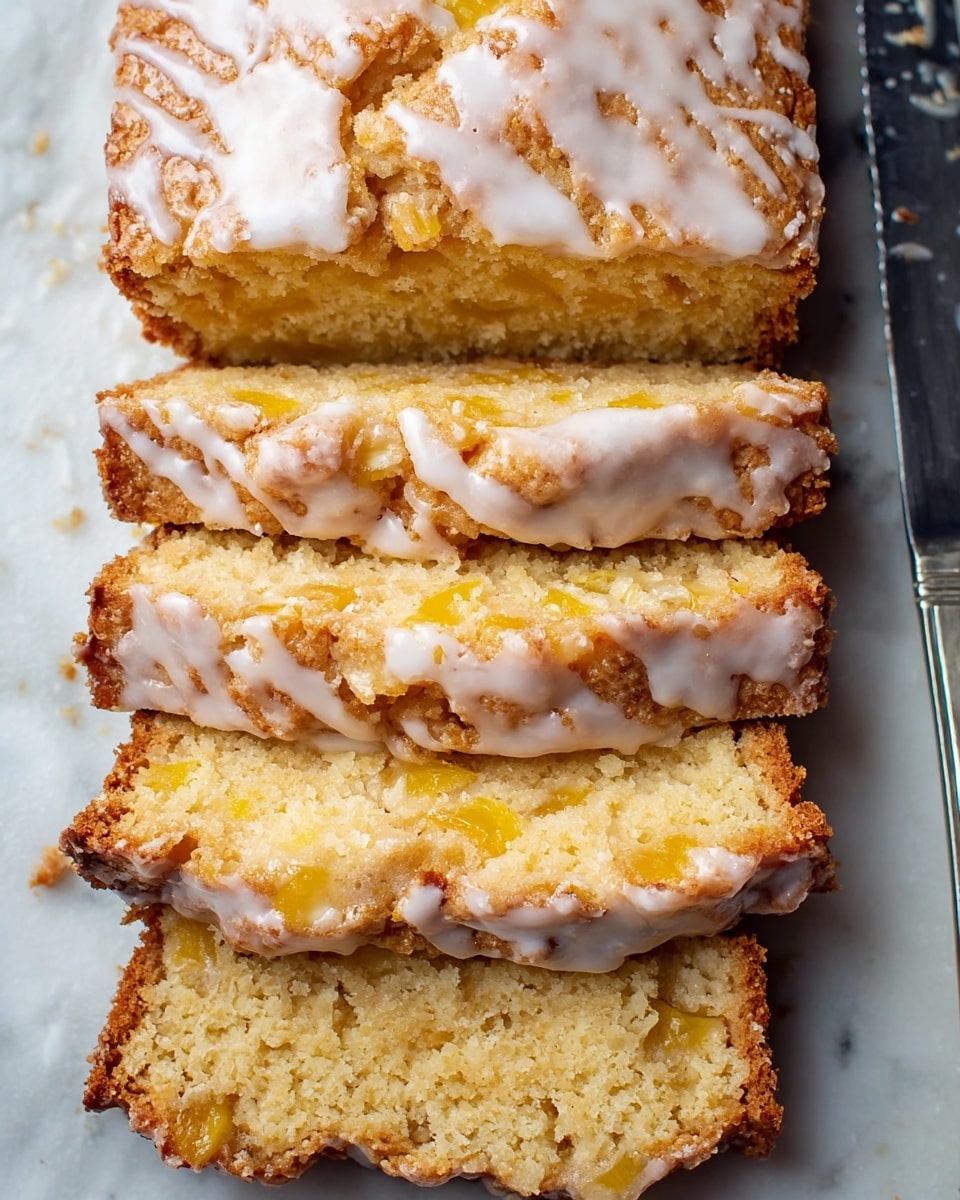 A loaf-shaped cake with a rough and crumbly texture is shown, sliced into four thick pieces laid horizontally. The top layer has a white glaze drizzled unevenly, giving it a shiny, smooth look with cracks and a slightly crispy crust. Inside, the cake is yellowish with irregular chunks of a lighter yellow fruit or ingredient mixed throughout, adding a slightly moist and dense appearance. The sides of each slice reveal the layered textures clearly, with the glaze running down slightly on the edges. The whole setting is on a white marbled surface with a knife partially visible to the side. photo taken with an iphone --ar 4:5 --v 7