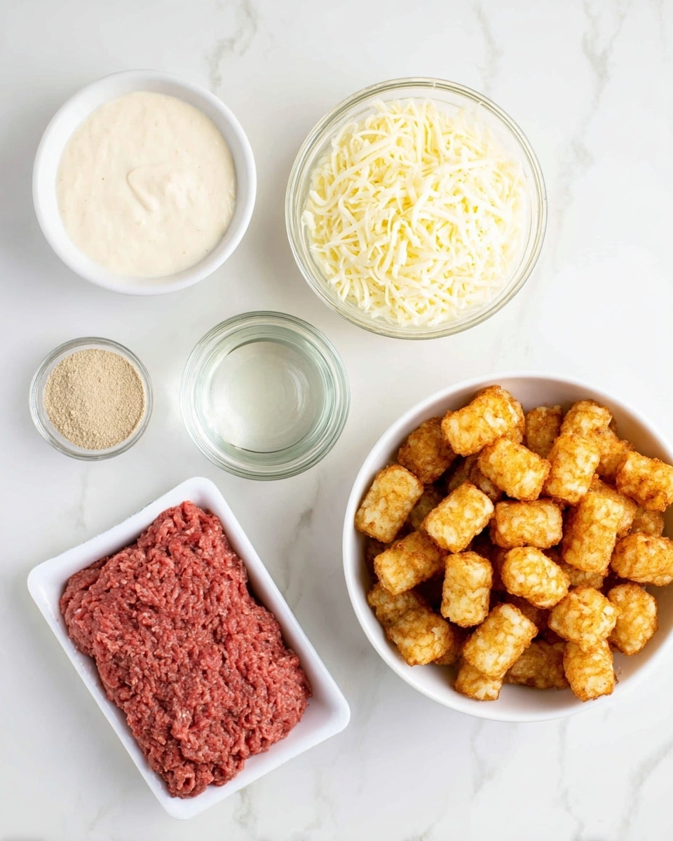 The image shows a top view of five food ingredients arranged neatly on a white marbled surface. On the right, there is a large bowl filled with golden-brown crispy tater tots. To the left of that is a small white bowl with creamy white sauce that has a smooth texture. Above that is a small clear glass bowl with water. Above the water bowl is another white bowl filled with shredded pale yellow cheese, showing fine soft strands. To the left, there is a white rectangular foam tray holding raw ground beef with a rich red color and a slightly coarse texture. Finally, to the far left, there is a small white bowl with light brown powder, evenly spread. Photo taken with an iphone --ar 4:5 --v 7