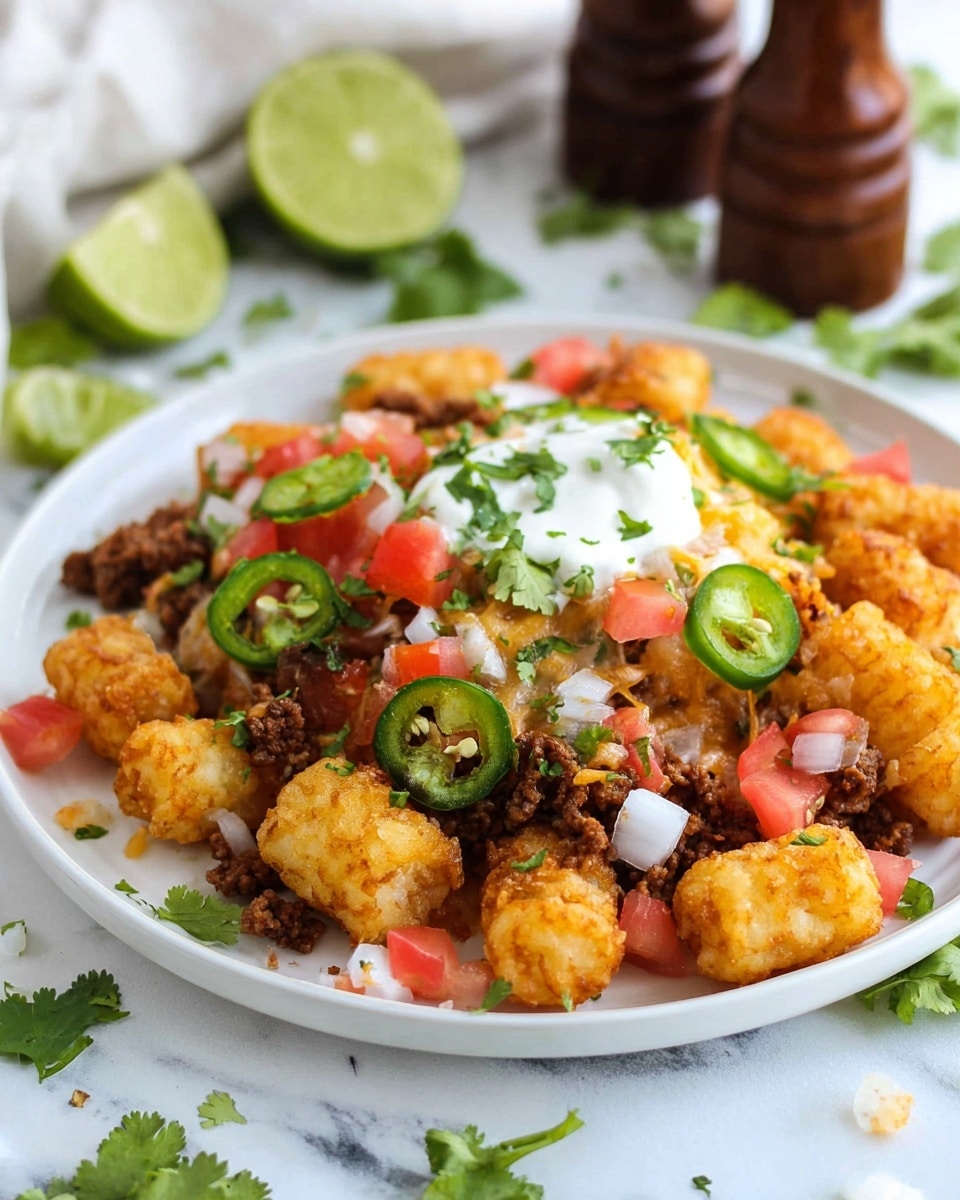 A white plate holds a dish made of golden, crispy tater tots as the bottom layer, topped with browned ground meat mixed with melted cheese, adding a slightly creamy texture. Scattered fresh diced tomatoes and white onions add bright red and white pops of color, while thin green jalapeño slices and chopped fresh cilantro sprinkled on top bring fresh green accents. A dollop of white sour cream sits at the center, with more small bits of cilantro on it. The plate is placed on a white marbled surface with scattered cilantro leaves around it, a halved lime and two blurred brown wooden pepper grinders in the background. photo taken with an iphone --ar 4:5 --v 7