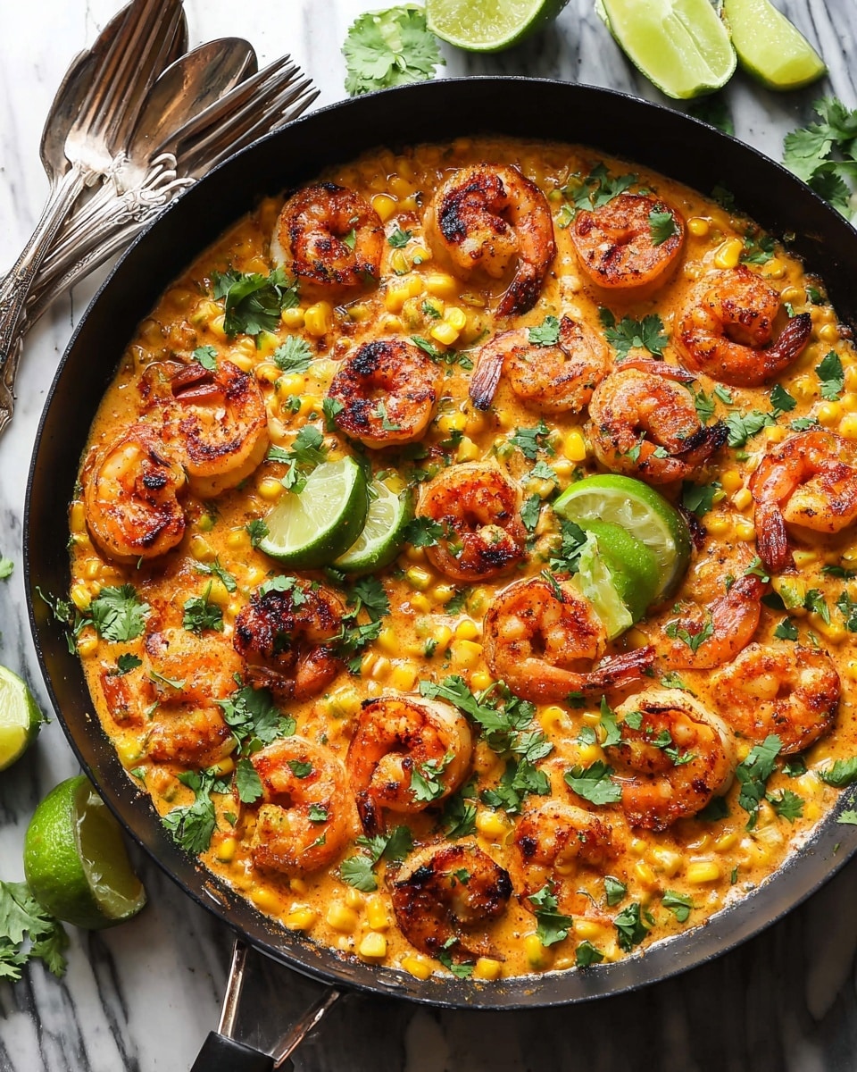 A black pan filled with a creamy orange sauce as the base layer, mixed with bright yellow corn pieces adding texture. On top are large, grilled shrimp with a reddish-orange color, placed evenly around the pan. Scattered fresh green cilantro leaves add a touch of brightness on top of the shrimp and sauce. There are several green lime wedges resting on the shrimp and sauce near the edge of the pan. The pan sits on a white marbled surface, with some silver forks and extra lime wedges around it. Photo taken with an iphone --ar 4:5 --v 7