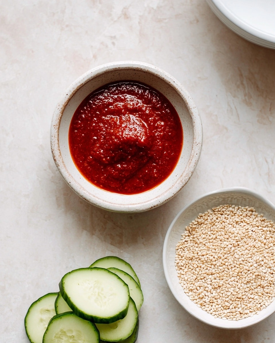 The image shows a white marbled surface with three main items arranged. At the top center is a small bowl filled with a thick, deep red sauce that has a slightly bumpy texture. To the bottom right of this bowl, there is a white bowl containing many small, light beige sesame seeds. On the left side of the red sauce bowl, three fresh cucumber slices are stacked slightly overlapping each other, showing their light green skin and pale, textured inside. Part of a large white bowl is visible at the top right corner. Photo taken with an iphone --ar 4:5 --v 7