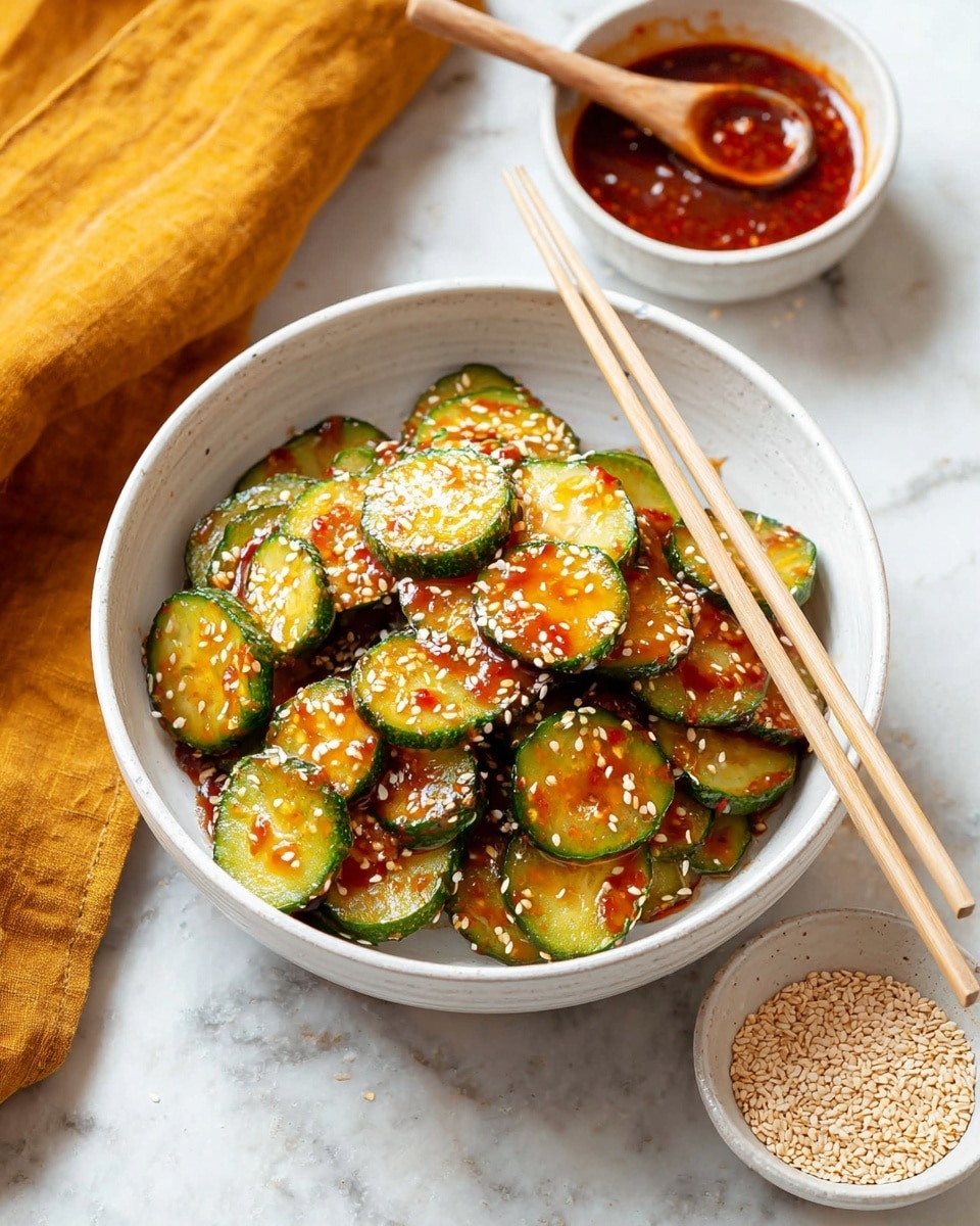 A white bowl filled with thin, round slices of cucumber covered in a shiny reddish-brown sauce and sprinkled with white sesame seeds. Two light wooden chopsticks rest on the right side of the bowl, lifting some cucumber slices. In the background, there is a small white bowl filled with thick, dark red chili sauce with a wooden spoon. A second small white bowl with sesame seeds is positioned in the lower right corner. The bowl sits on a white marbled surface with a folded mustard yellow cloth on the upper left side. photo taken with an iphone --ar 4:5 --v 7