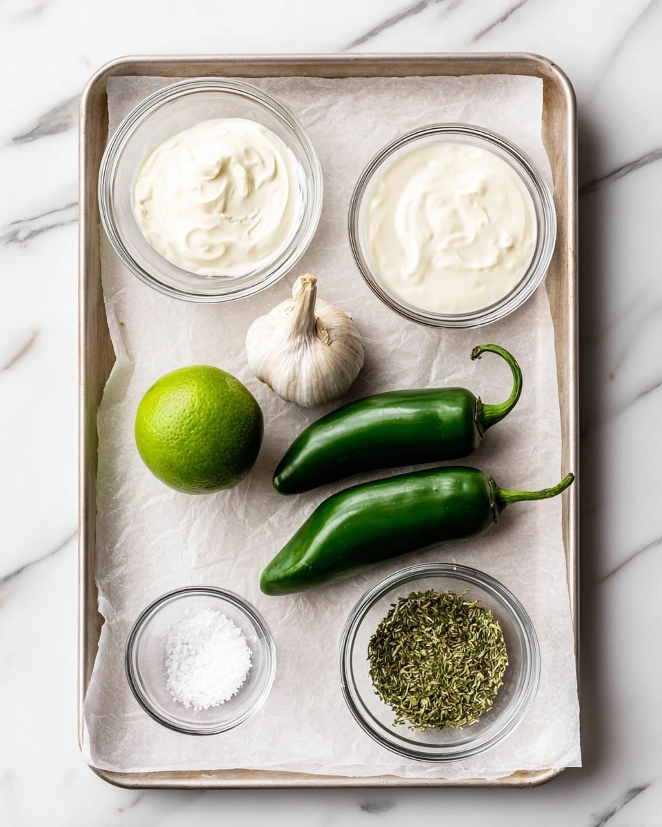 The image shows a baking tray lined with parchment paper on a white marbled surface. On the tray, there are two green jalapeño peppers placed next to each other. Near them, there is a whole bright green lime and a single clove of garlic with its skin still on. Three small clear glass bowls are arranged around the vegetables, each holding different ingredients: one bowl has white creamy sauce, another has a slightly larger amount of similar creamy sauce, and the last contains dried green herbs. A very small clear bowl with white salt sits near the bottom left corner of the tray. Photo taken with an iphone --ar 4:5 --v 7