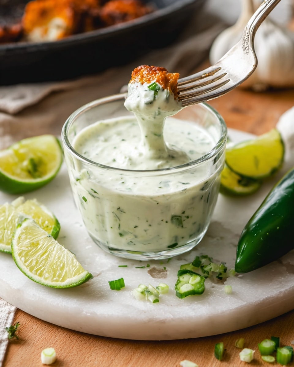 A clear glass filled with a thick, creamy white sauce with green herb bits mixed inside sits on a white plate with a white marbled texture. A silver fork is dipping an orange-brown spiced food piece into the sauce, with some sauce clinging to the fork. The plate holds three lime wedges — two bright green and one partly in view — a clove of garlic, chopped green chili pieces scattered around, and a whole green chili pepper on the right side. In the blurred background, part of a black pan with browned food pieces is visible on a wooden surface. Photo taken with an iphone --ar 4:5 --v 7