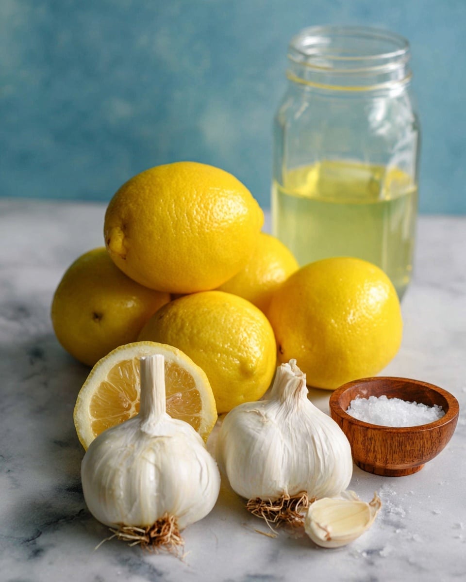 The image shows four bright yellow lemons, with two whole lemons stacked and one lemon cut open in front, showing the juicy, pale yellow inside. Next to the lemons are three heads of white garlic, each with a rough, papery texture and brownish root ends. Behind them is a clear glass jar filled with a light yellow liquid, likely oil, and beside the jar is a small wooden bowl filled with white salt, with a small wooden spoon inside. All items are placed on a white marbled surface with a soft blue background. photo taken with an iphone --ar 4:5 --v 7