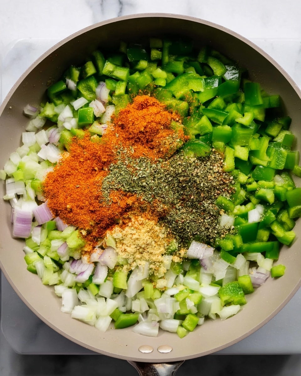 A large light gray pan sits on a white marbled surface, filled with a mix of small, chopped green bell peppers and diced light purple and white onions. On top of the vegetables, there are layers of bright orange, pale yellow, and dark green dried spices spread in an uneven pile, adding color contrast. The pan's edge is visible, and the ingredients look fresh and ready to cook. photo taken with an iphone --ar 4:5 --v 7