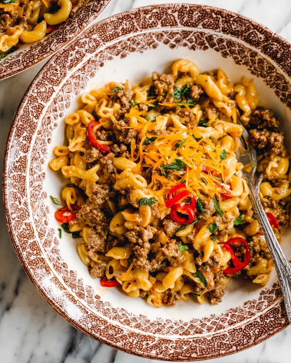 A close-up of a white bowl with a brown patterned edge filled with a mixed dish. The bottom layer consists of small, pale yellow pasta pieces. On top of that is a layer of cooked ground meat mixed evenly with the pasta. Scattered throughout are small green herb leaves and slices of bright red chili peppers. The dish is sprinkled with shredded orange cheese, adding color and texture. A silver fork rests in the bowl on the right side. The bowl sits on a white marbled surface. photo taken with an iphone --ar 4:5 --v 7