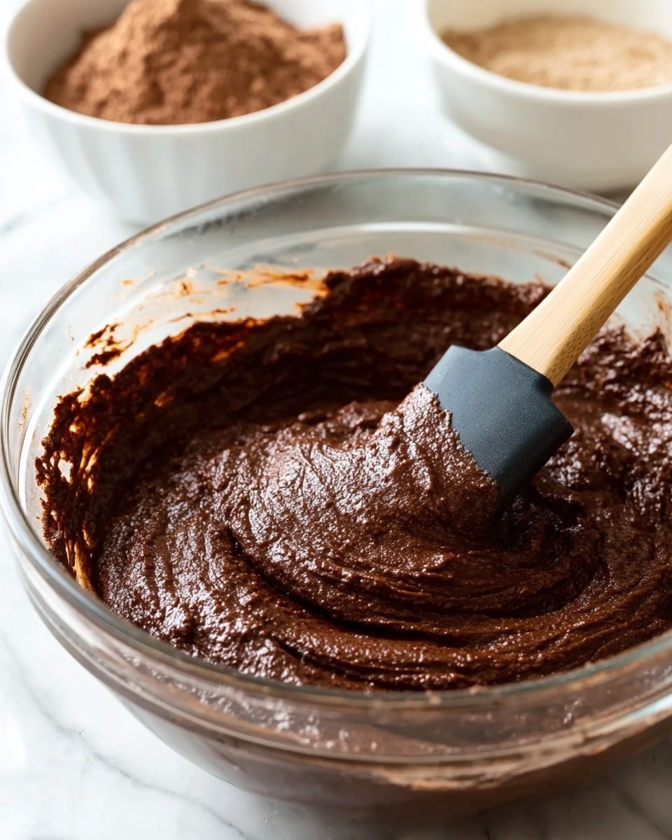 A clear glass bowl holds a thick, rich chocolate batter with a smooth, slightly grainy texture. A wooden spatula with a black silicone head is partly dipped in the batter, covered with the dark brown mixture that swirls with soft peaks. In the blurred background, two white bowls are visible, one filled with a dry, powdery chocolate ingredient. The whole scene sits on a white marbled surface, highlighting the dark, dense chocolate batter in the forefront. Photo taken with an iphone --ar 4:5 --v 7