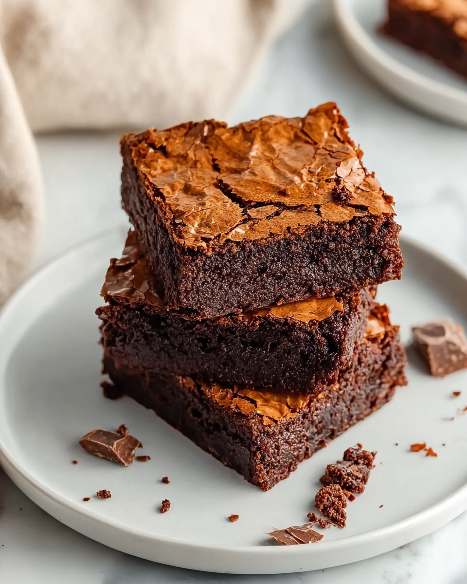 Three square chocolate brownies with cracked, slightly crisp tops are stacked loosely on a white plate with crumbs and small chocolate pieces scattered around them. The brownies have a dense, moist interior visible on the sides and are placed on a white marbled surface with part of a beige cloth visible in the background. Photo taken with an iphone --ar 4:5 --v 7