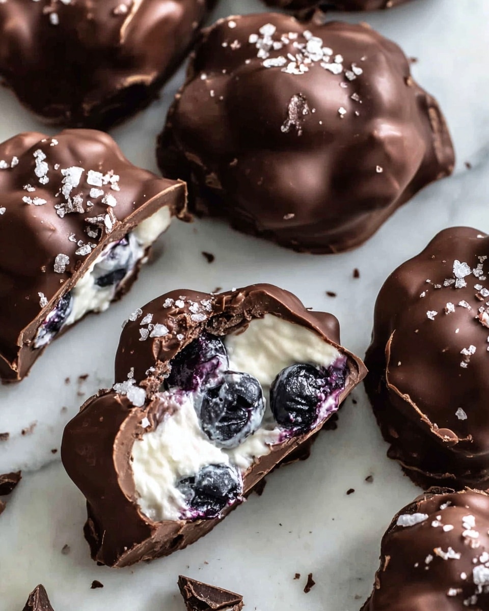 The image shows several dark chocolate clusters on a white marbled surface. One cluster is opened to show its inside, which has a thick white creamy layer mixed with whole blueberries. The outer chocolate layer is irregular and bumpy with a rough texture, sprinkled with a few grains of sea salt on top. The creamy white filling with dark purple blueberries inside makes a strong contrast with the dark brown chocolate shell. Scattered chocolate pieces are visible around the clusters. photo taken with an iphone --ar 4:5 --v 7
