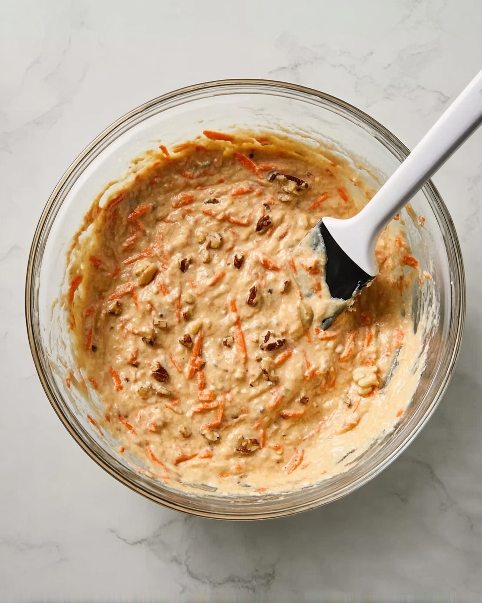 A clear glass bowl filled with a thick, creamy batter that has visible orange shreds of carrot and small brown pieces of nut mixed evenly throughout. A black and white spatula rests inside the bowl, partially submerged in the mixture. The bowl is placed on a white marbled surface with subtle grey veins. The mixture has a smooth texture with little lumps from the carrot and nut pieces, creating a homely and fresh appearance. photo taken with an iphone --ar 4:5 --v 7