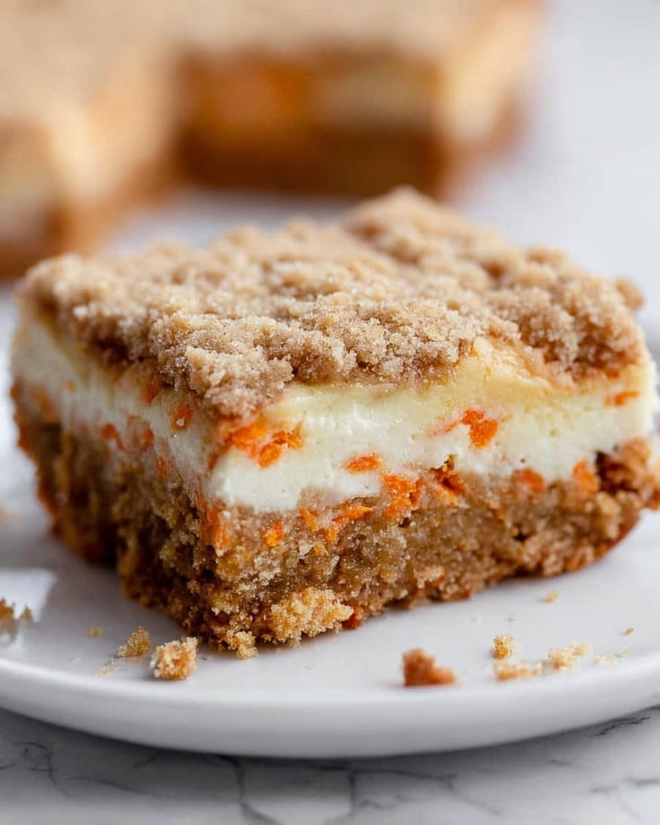 A square slice of layered carrot cake bar sits on a white plate over a white marbled surface. The bottom layer is a dense, moist mix with visible small orange carrot bits mixed in, giving a rough texture. In the middle, there is a creamy white layer with a smooth texture, slightly uneven in thickness, and specks of carrot bits peeking through. The top layer is crumbly and light brown, with a coarse, sandy texture that looks dry and crunchy. Small crumbs are scattered around the slice on the plate. Photo taken with an iphone --ar 4:5 --v 7