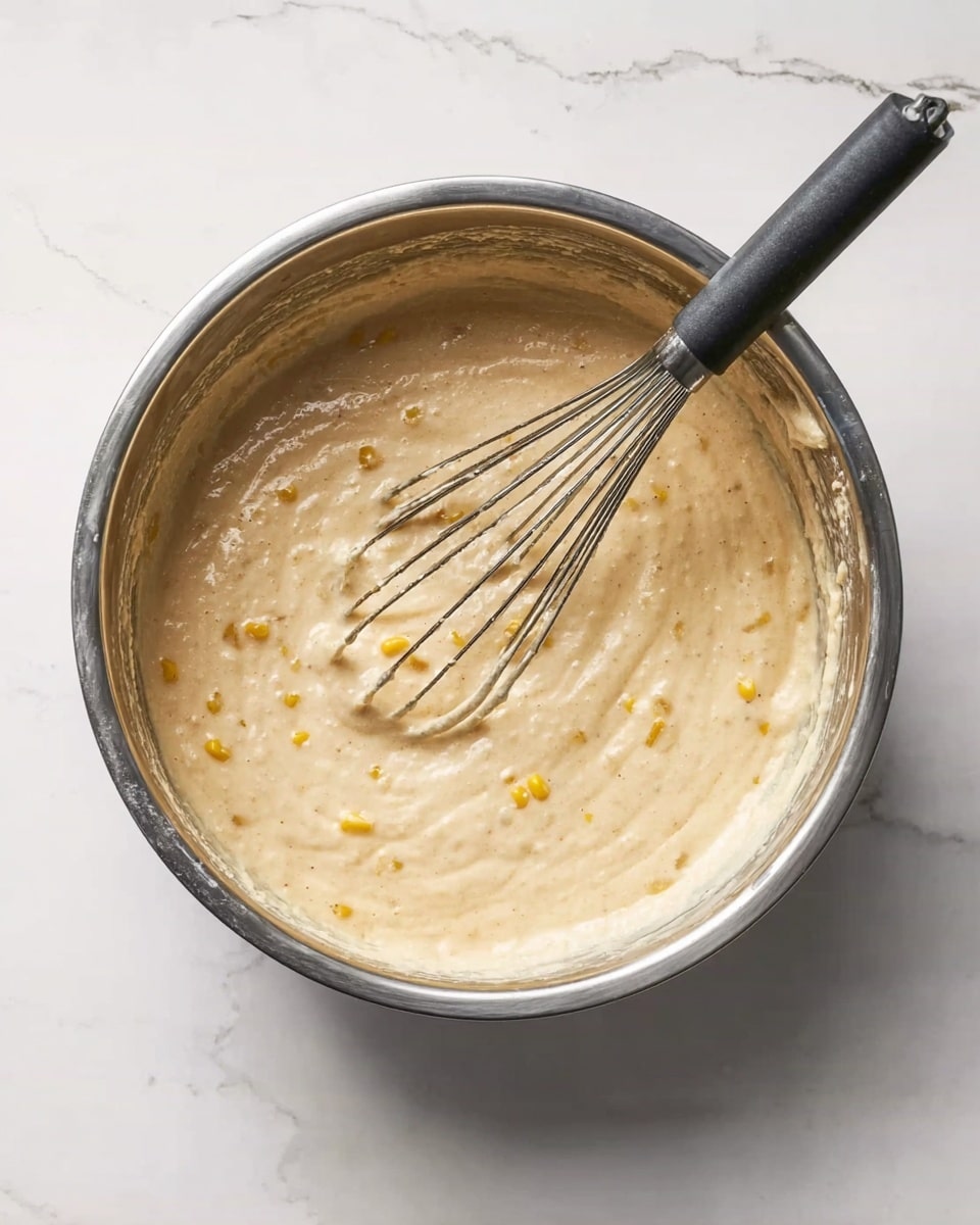 A metal mixing bowl filled with thick, light beige batter that has small bits of yellow corn scattered throughout. A metal whisk with a black handle rests inside the bowl, partially submerged in the batter. The bowl is placed on a white marbled surface. photo taken with an iphone --ar 4:5 --v 7