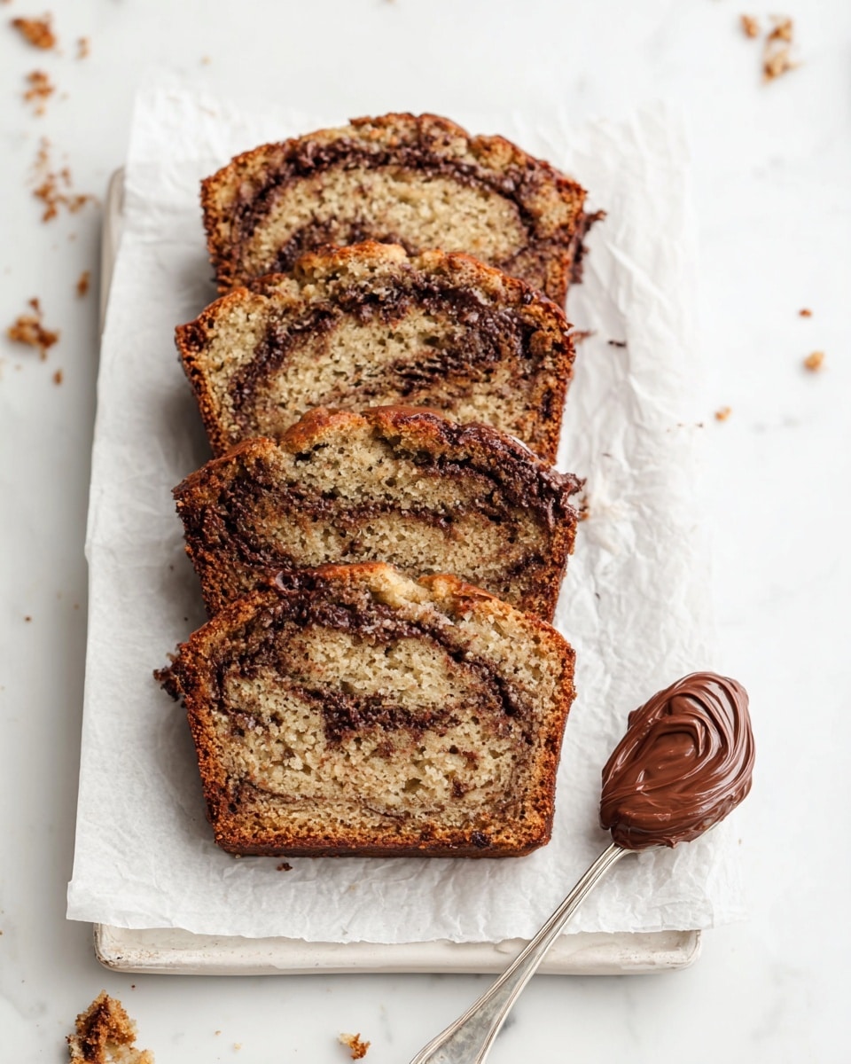 Five slices of banana bread with dark chocolate swirl are arranged in a row on a white rectangular plate layered with white parchment paper. Each slice shows a soft beige inside with darker specks and rich chocolate ribbons running through the crumb. The top crust is golden brown with a lightly crunchy texture. To the right of the plate lies a silver spoon holding a dollop of smooth chocolate spread. The background is a clean white marbled surface with a few crumbs scattered around. photo taken with an iphone --ar 4:5 --v 7
