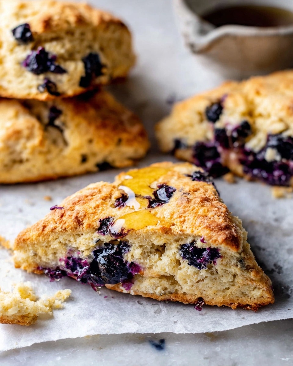 The image shows a close-up of a soft scone broken into pieces on white parchment paper. The scone has a golden brown crust and a light beige crumb inside with visible dark purple blueberries scattered within. A glossy layer of honey drips over the top of the broken scone piece, adding shine. The texture looks crumbly and moist, with some crumbs scattered around. In the background, more scone pieces are stacked together. The whole setup sits on a white marbled surface. photo taken with an iphone --ar 4:5 --v 7