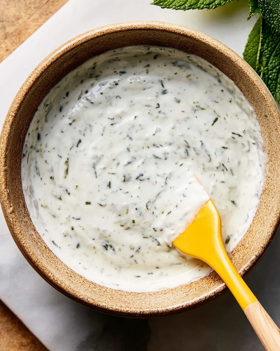 A round bowl with a rough brown edge filled with a creamy white sauce that has small green herb pieces mixed throughout, giving it a speckled texture; a yellow spatula is dipped into the sauce on the right side inside the bowl, resting on a white marbled surface with some green leaves partially visible in the upper right corner photo taken with an iphone --ar 4:5 --v 7