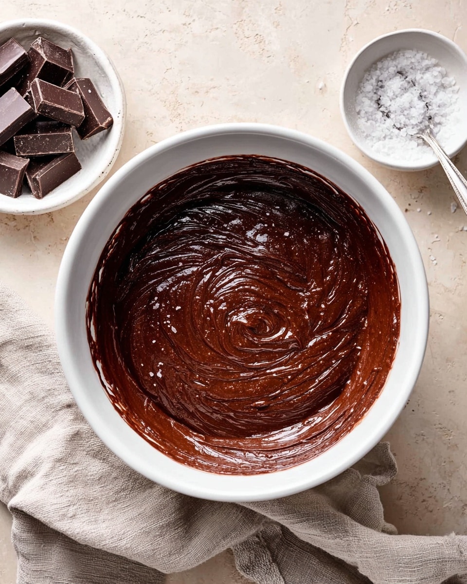 A white bowl filled with smooth, shiny dark brown chocolate batter that has a thick, creamy texture with visible swirls from stirring, placed on a light beige surface. Nearby, there is a white bowl with small pieces of dark chocolate and another white bowl containing coarse sea salt. A light beige cloth is casually placed beside the bowl with the batter, adding a soft texture to the scene. photo taken with an iphone --ar 4:5 --v 7