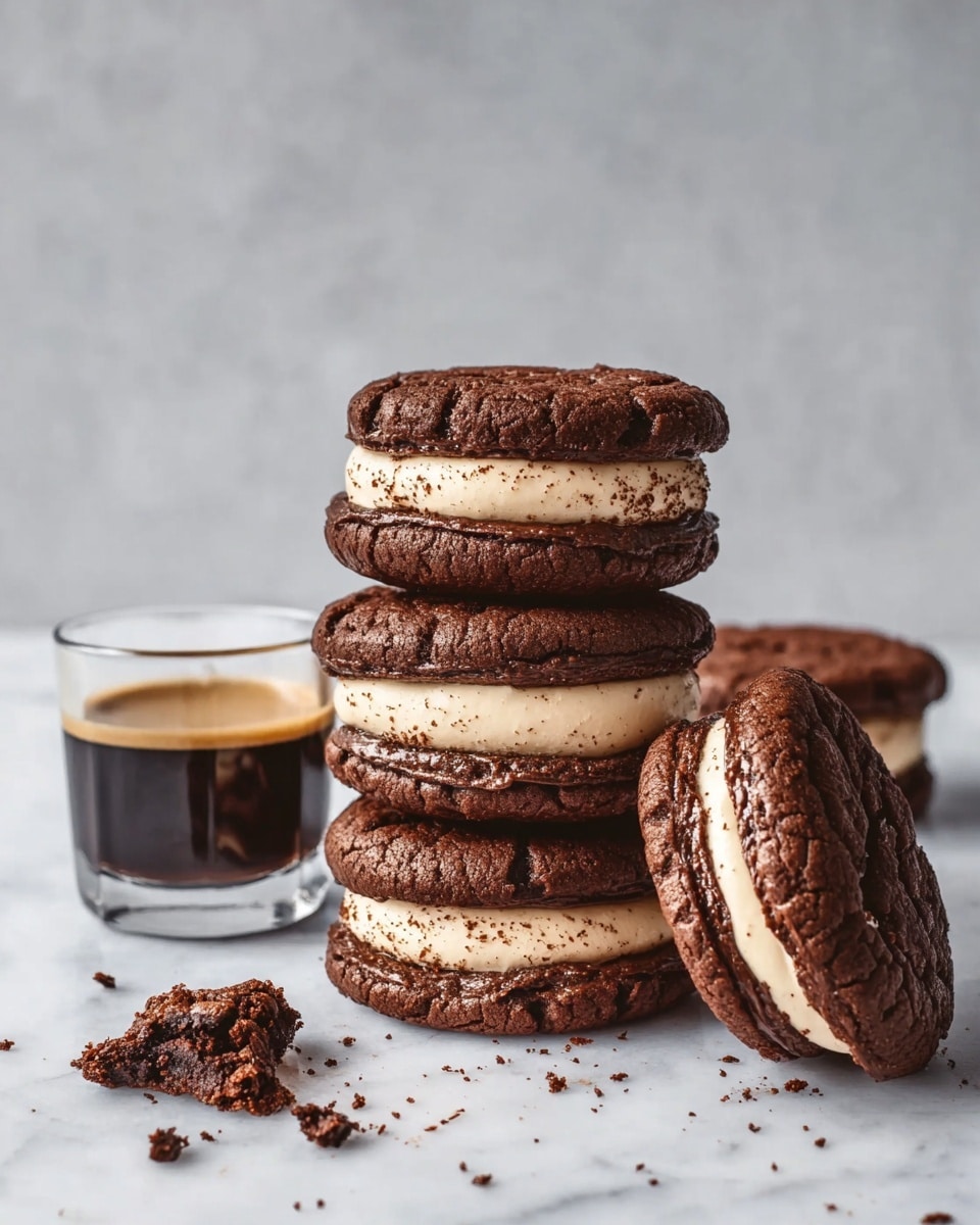 The image shows a stack of four chocolate sandwich cookies with thick creamy beige filling between two dark brown, cracked textured cookie layers. Next to the stack, two more cookies lean against each other, showing the same rich dark brown cookie on the outside and thick creamy filling inside. Small crumbs are scattered on the white marbled surface below. To the left of the cookies, there is a small clear glass filled halfway with dark coffee. The background is simple with a light gray texture. photo taken with an iphone --ar 4:5 --v 7