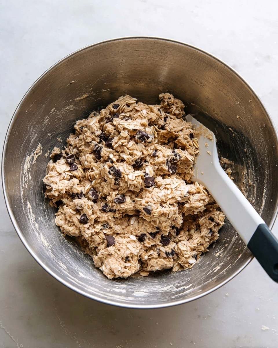 A large silver mixing bowl holds a rough, chunky mixture of light brown dough with visible rolled oats and dark chocolate chips scattered throughout. The mixture has a thick texture, clumping together unevenly. Inside the bowl, a white spatula with a black handle rests on the side, partially stuck in the dough. The background surface is a white marbled texture. Photo taken with an iphone --ar 4:5 --v 7