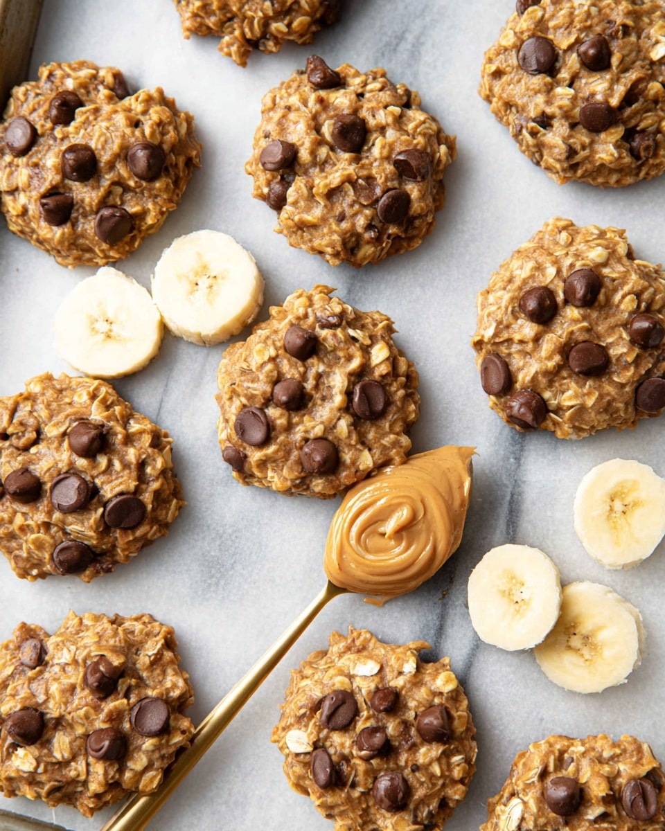 A group of round cookies with oats and chocolate chips is spread evenly on white parchment paper over a baking tray, each cookie having a rough texture with visible oat flakes and scattered dark chocolate chips on top; near the cookies is a gold spoon holding a smooth swirl of light brown peanut butter, and beside the spoon are two slices of banana showing a pale yellow color and soft texture, all set on a flat surface with a white marbled texture photo taken with an iphone --ar 4:5 --v 7