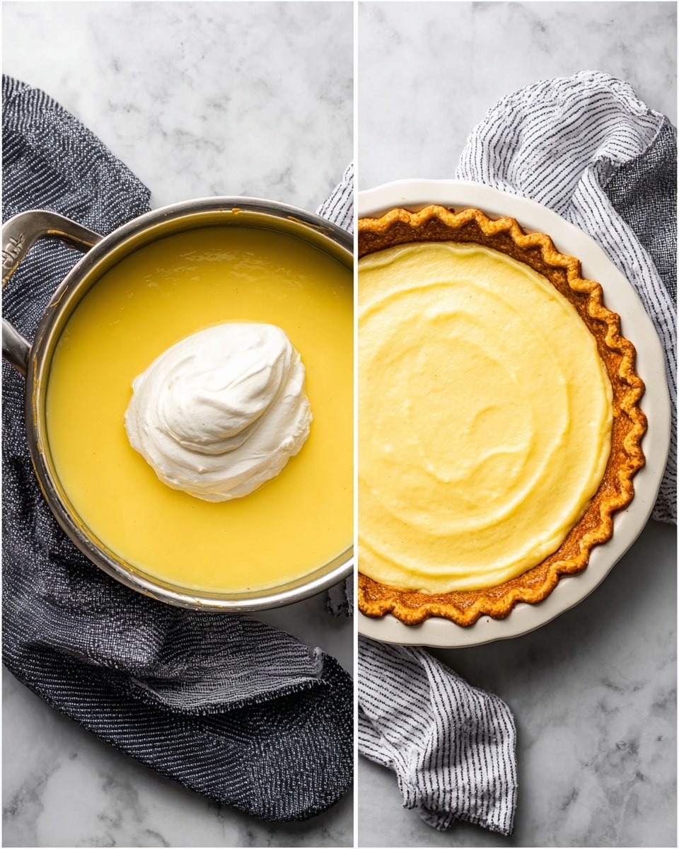 The image shows two side-by-side views of a lemon pie in progress on a white marbled surface with a dark gray and white striped cloth nearby. On the left, there is a metal saucepan filled with bright yellow lemon custard and a scoop of white cream on top, showing a smooth and creamy texture. On the right, a white plate holds a lemon pie with a golden-brown crust that has a crimped edge, filled with pale yellow lemon filling that looks smooth and thick, spreading evenly inside the crust. Photo taken with an iphone --ar 4:5 --v 7