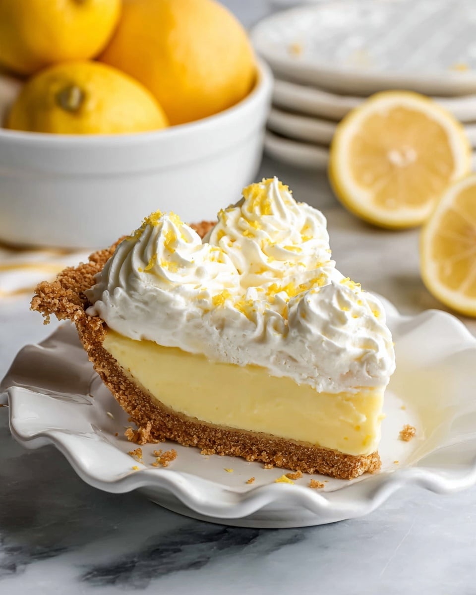 A slice of lemon pie with three visible layers sits on a white scalloped plate. The bottom layer is a light brown, crumbly crust. Above it is a thick, smooth, pale yellow lemon filling. The top layer is a fluffy white cream with small yellow lemon zest bits scattered on it. Two swirls of whipped cream decorate the top edge of the slice. In the background, whole lemons are inside a white bowl, and lemon slices lay on a white marbled surface near the plate. Photo taken with an iphone --ar 4:5 --v 7