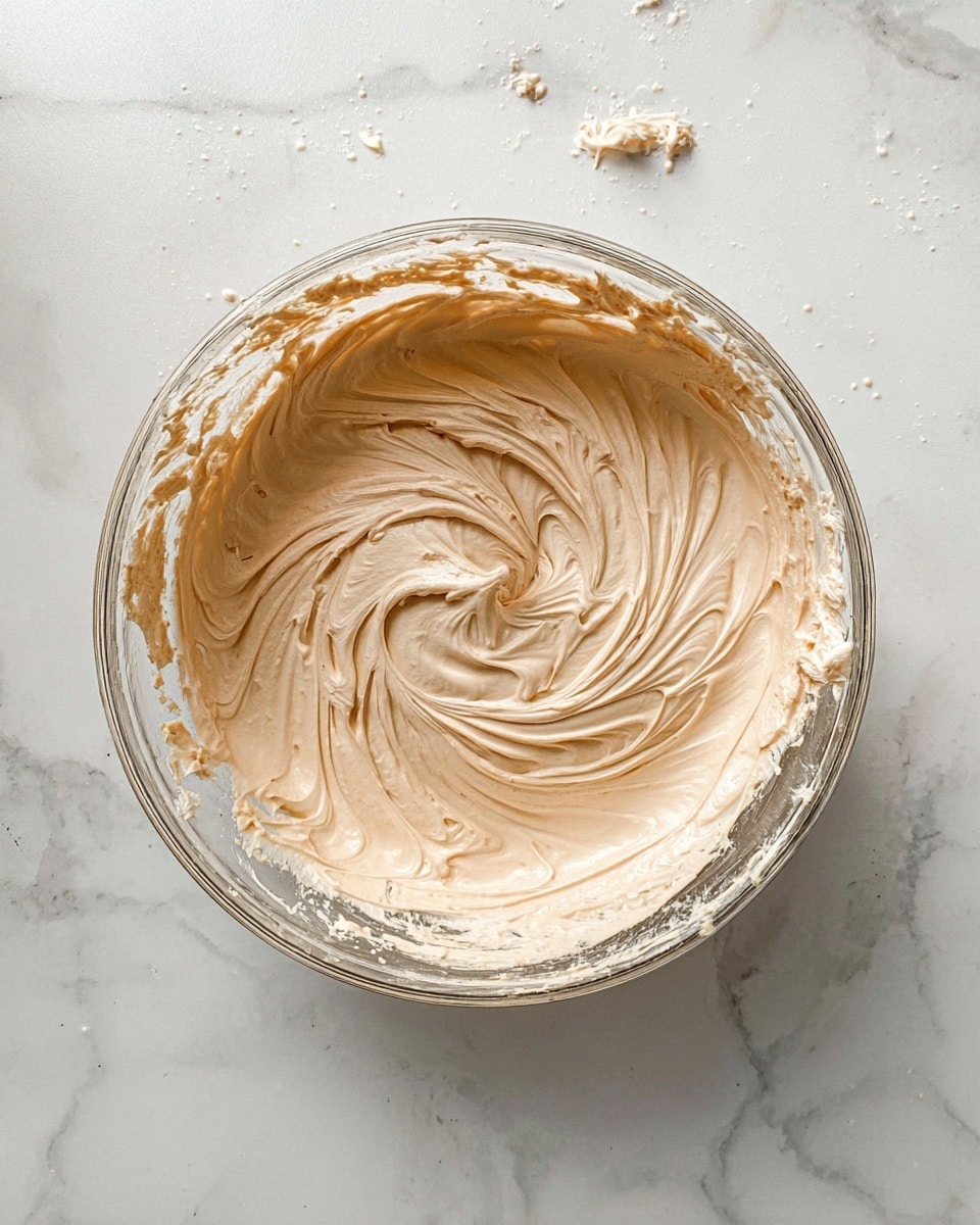 A clear glass bowl filled with smooth, light brown whipped cream with thick swirls and peaks in the center showing soft, airy texture; some of the cream smudges on the bowl's inner sides and edges. The bowl is placed on a white marbled surface with soft gray veining visible. Small spots of cream are scattered around the bowl. photo taken with an iphone --ar 4:5 --v 7