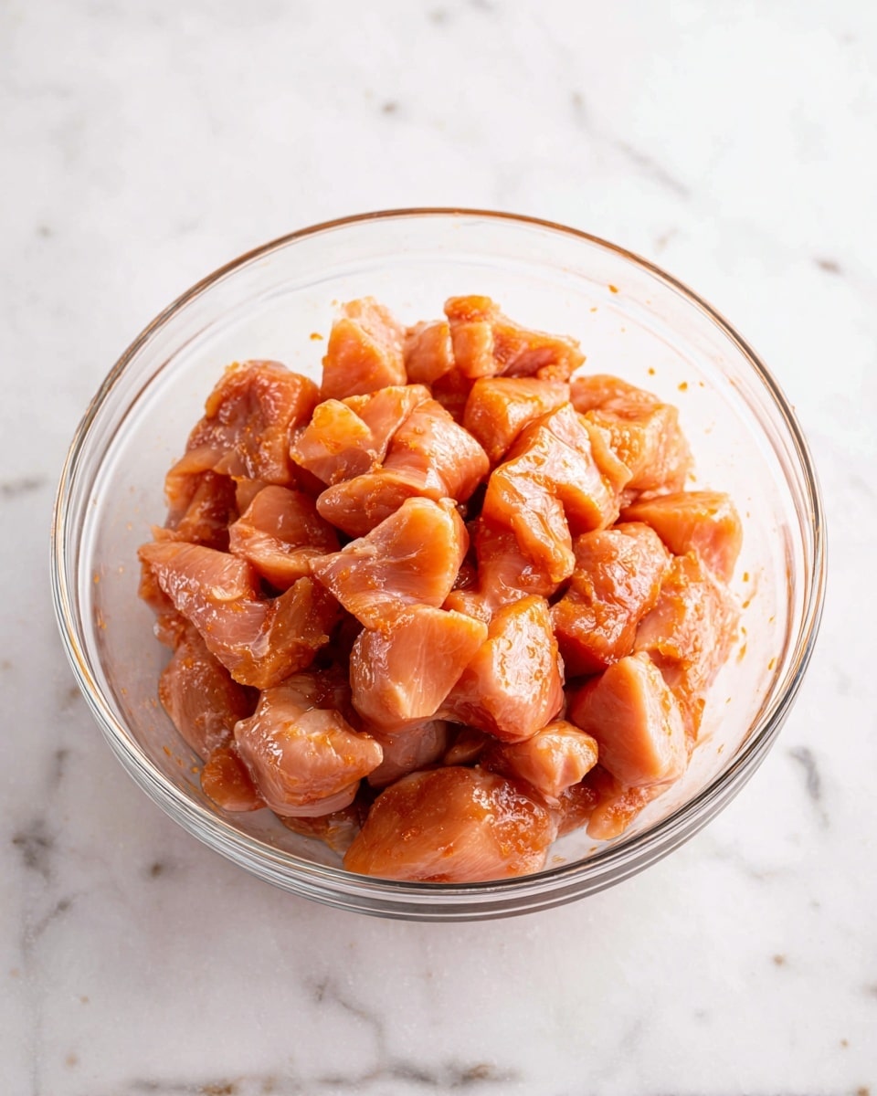 A clear glass bowl sits on a white marbled surface, filled with several small pieces of raw chicken that have a shiny, pinkish-orange color from being marinated. The chicken pieces are piled closely together, showing a smooth and slightly moist texture. The bowl is round with thick glass edges, and the image is bright and clean with soft light highlighting the freshness of the meat photo taken with an iphone --ar 4:5 --v 7