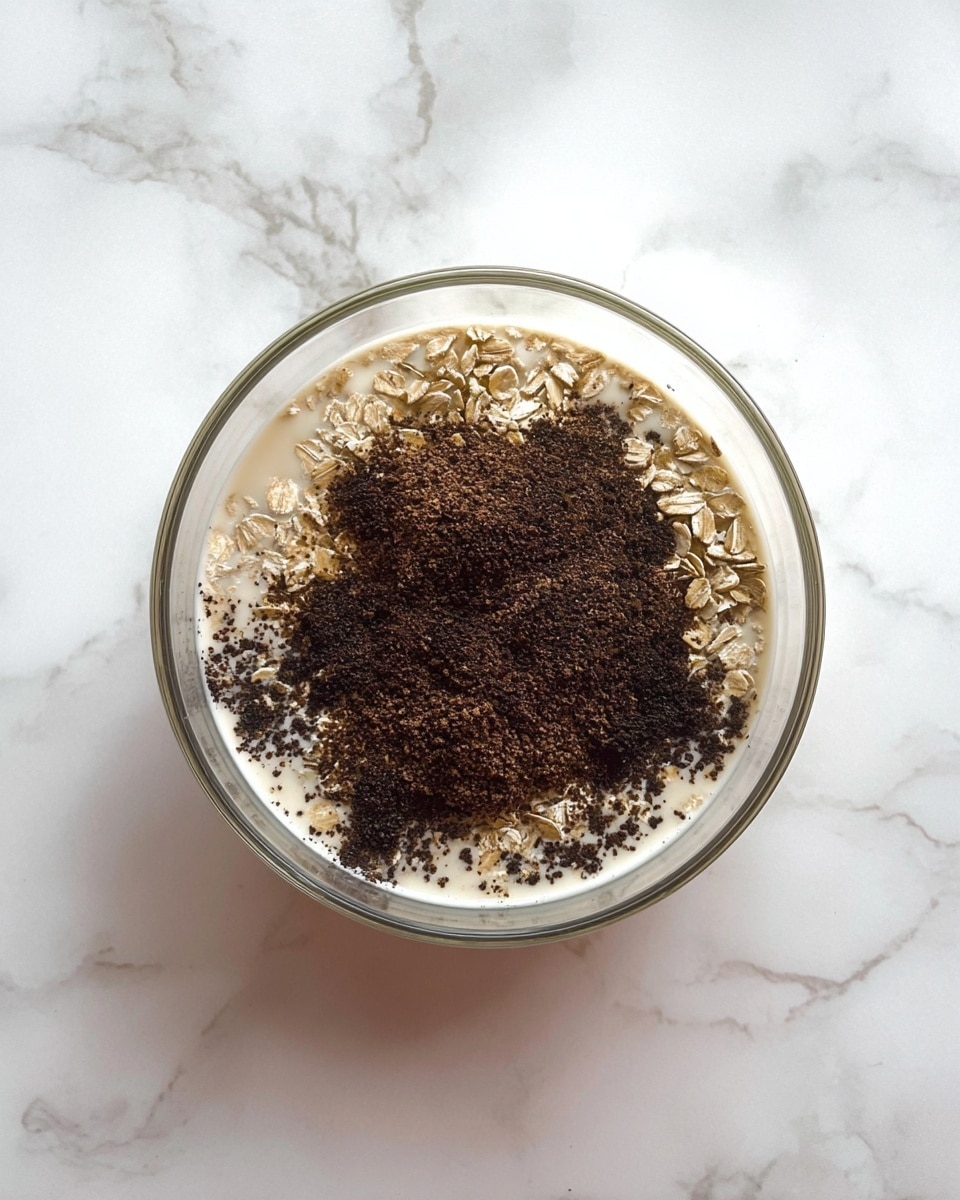 A clear glass bowl sits on a white marbled surface, filled with three visible layers of ingredients. The bottom layer is a light creamy liquid that fills the bowl partially. On top of the liquid is a layer of light brown dry oats spread evenly. The topmost layer consists of a generous amount of dark brown, finely ground powder, almost covering the oats beneath it. The layers blend gently but remain distinguishable. photo taken with an iphone --ar 4:5 --v 7