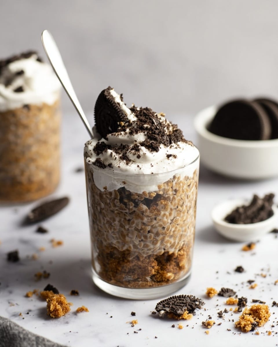 A clear glass filled with a layered dessert showing a mix of light brown oats and darker brown cookie crumbs, topped with a fluffy white whipped cream layer, and finished with a few broken dark chocolate cookie pieces on top. A white spoon rests inside the glass, slightly scooping the mixture. The glass sits on a white marbled surface scattered with small cookie crumbs and broken cookie pieces. In the background, there is another similar glass and a white bowl holding whole dark chocolate cookies. Photo taken with an iphone --ar 4:5 --v 7
